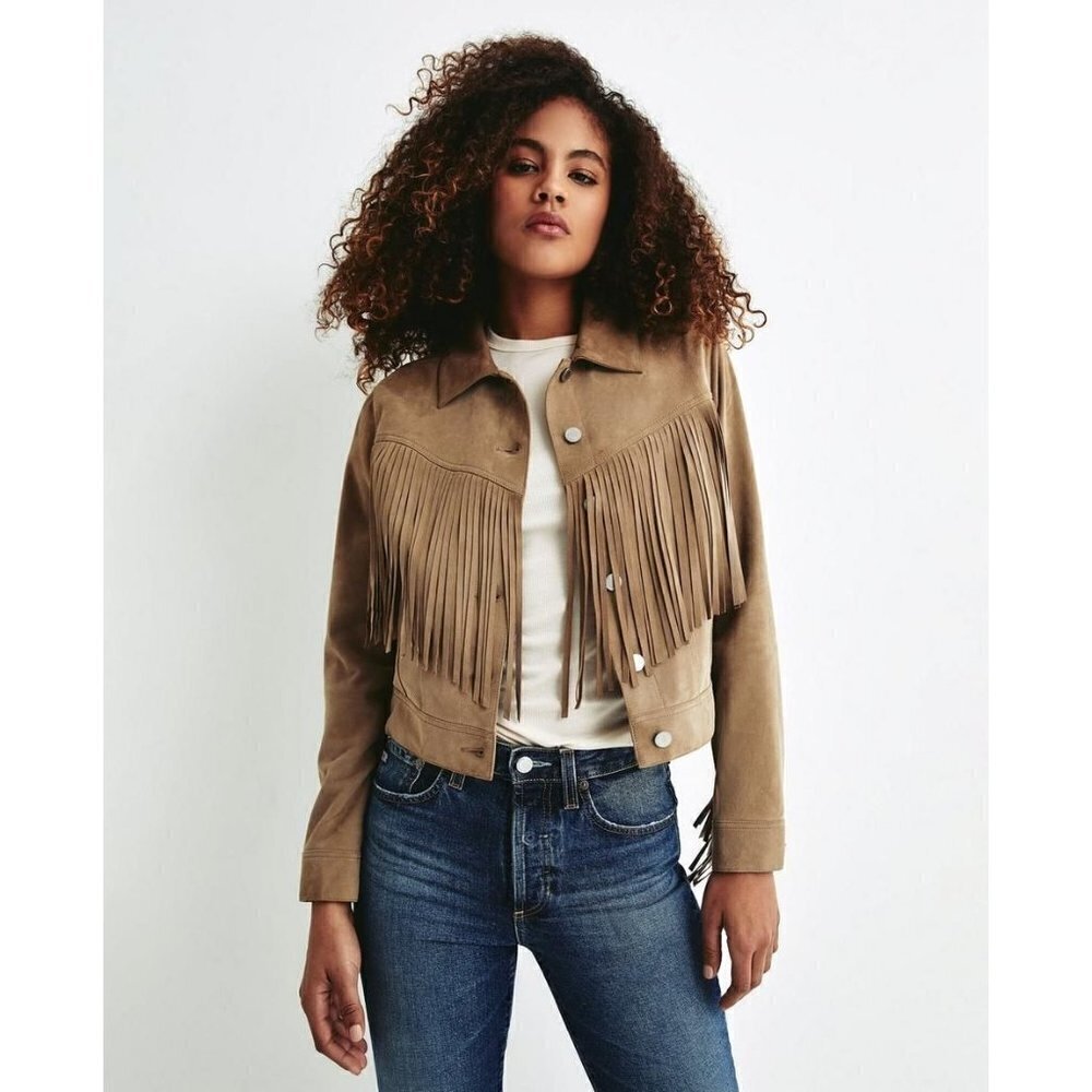 NWT Adriano Goldschmied Sia Fringed Suede Leather Cropped Jacket Brown Tan M